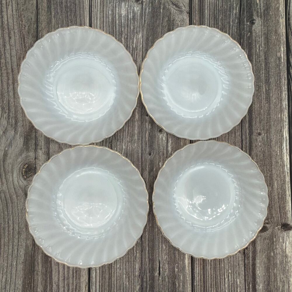 Vintage Fire King Milk Glass Swirl Bowls Gold Trim Set of 4 Anchor Hocking 7.5" - Picture 2 of 16